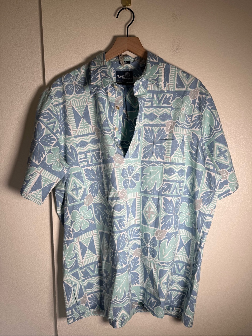 REYN SPOONER Classic Blue Hawaiian Print Vacation Resort Wear Button-Up Shirt L